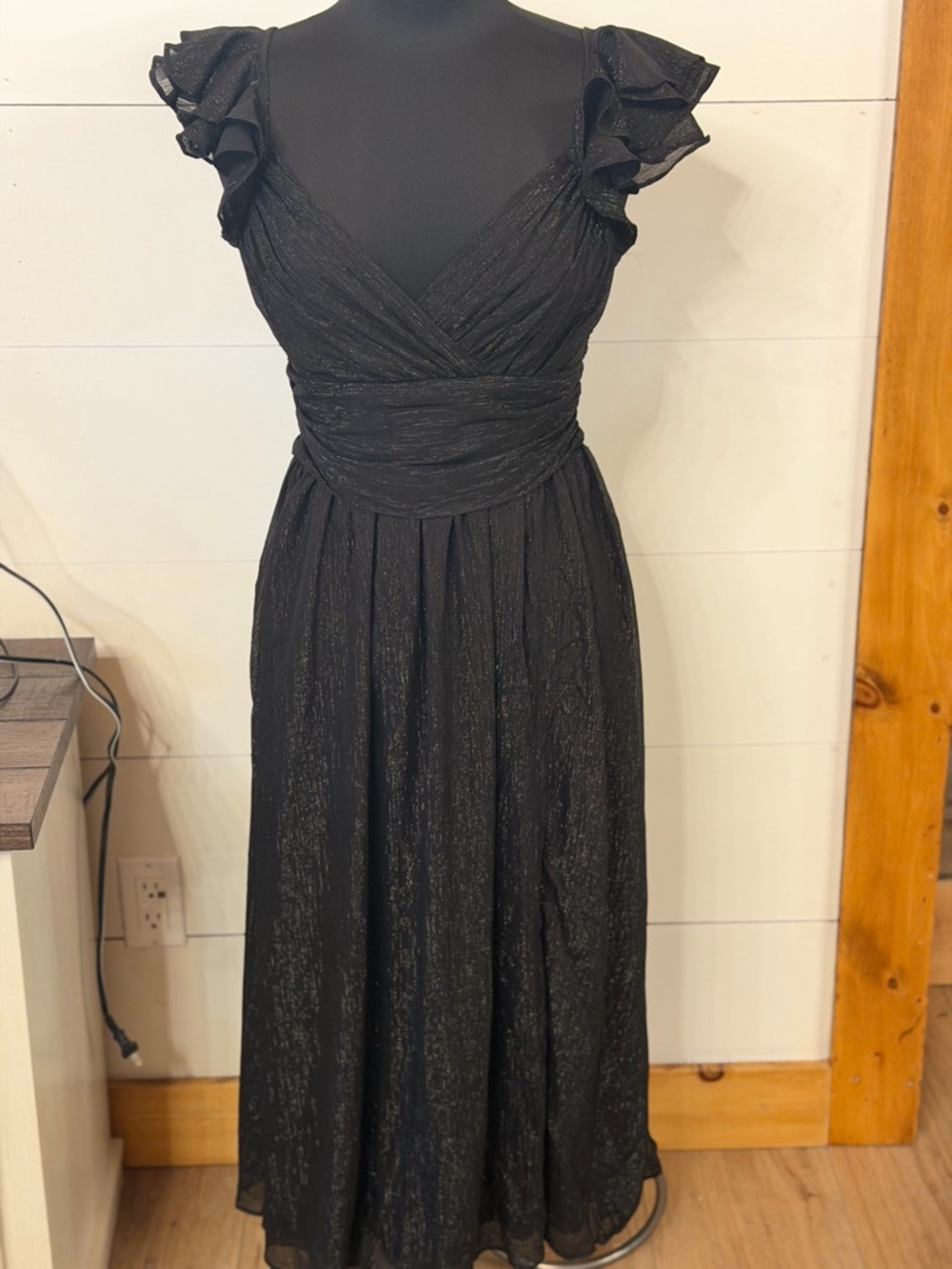 Francesca's Collections Black Shimmer Maxi Dress with Ruffle Sleeves